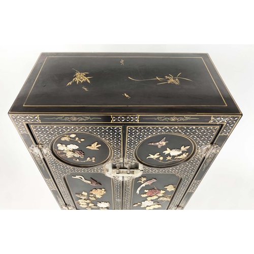 122 - CHINESE SIDE CABINET, early 20th century lacquered and gilt Chinoiserie decorated with soapstone mou... 