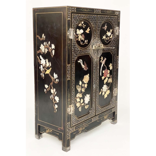 122 - CHINESE SIDE CABINET, early 20th century lacquered and gilt Chinoiserie decorated with soapstone mou... 