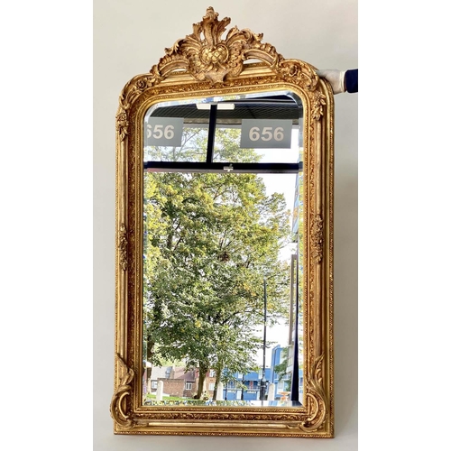 123 - OVERMANTEL MIRROR, French style gilded with arched bevelled mirror plate and foliate crest and frame... 