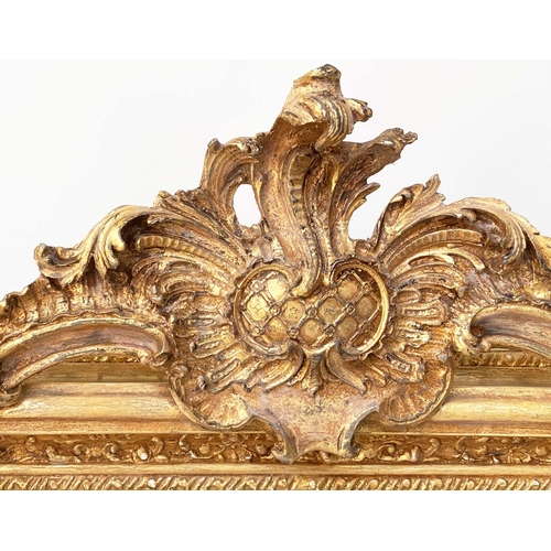 123 - OVERMANTEL MIRROR, French style gilded with arched bevelled mirror plate and foliate crest and frame... 