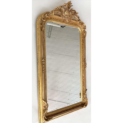 123 - OVERMANTEL MIRROR, French style gilded with arched bevelled mirror plate and foliate crest and frame... 