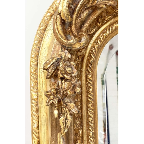 123 - OVERMANTEL MIRROR, French style gilded with arched bevelled mirror plate and foliate crest and frame... 