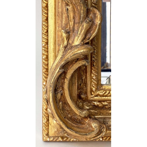 123 - OVERMANTEL MIRROR, French style gilded with arched bevelled mirror plate and foliate crest and frame... 