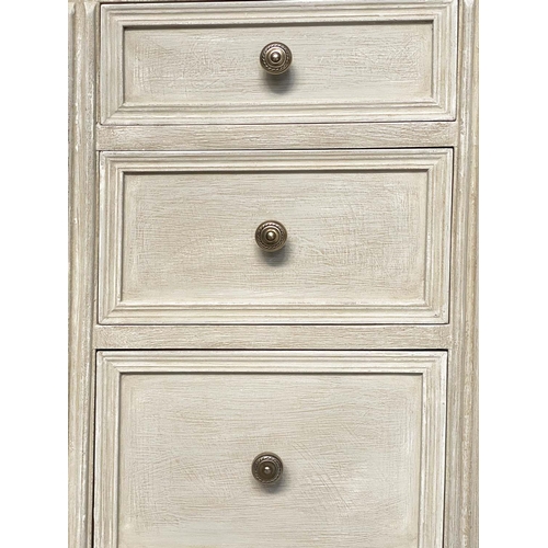 124 - BEDSIDE CHESTS, a pair, French style grey painted each with three drawers and pierced frieze, 40cm x... 