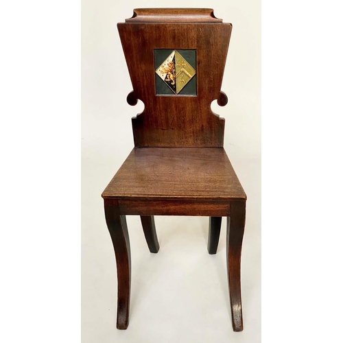 128 - HALL CHAIRS, a pair, Regency mahogany each heraldic panelled back and sabre front supports, 39cm W. ... 