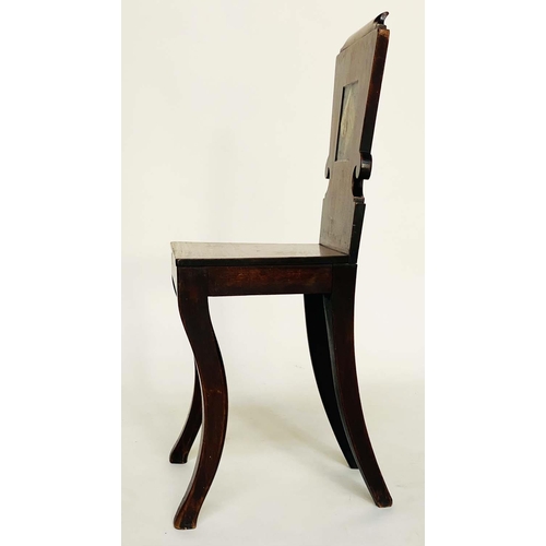 128 - HALL CHAIRS, a pair, Regency mahogany each heraldic panelled back and sabre front supports, 39cm W. ... 