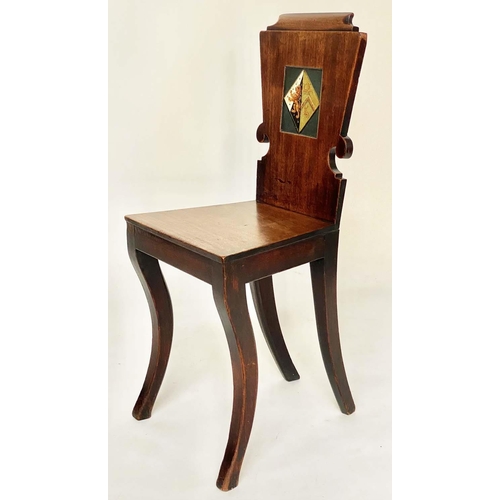 128 - HALL CHAIRS, a pair, Regency mahogany each heraldic panelled back and sabre front supports, 39cm W. ... 