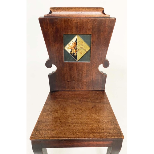 128 - HALL CHAIRS, a pair, Regency mahogany each heraldic panelled back and sabre front supports, 39cm W. ... 