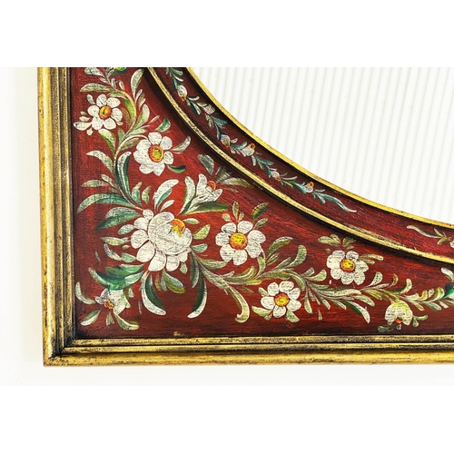 129 - WALL MIRROR, giltwood rectangular with oval inset mirror and hand painted floral borders. 100cm x 80... 