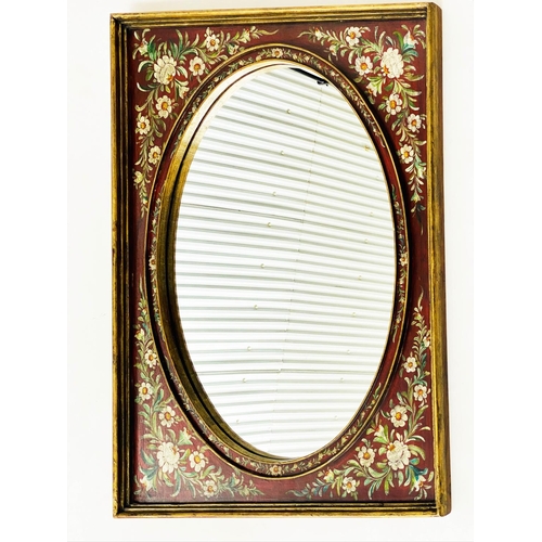 129 - WALL MIRROR, giltwood rectangular with oval inset mirror and hand painted floral borders. 100cm x 80... 