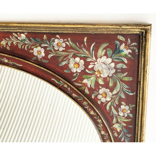 129 - WALL MIRROR, giltwood rectangular with oval inset mirror and hand painted floral borders. 100cm x 80... 