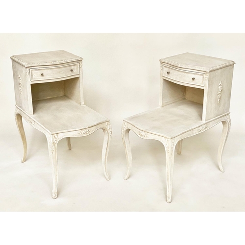 131 - BEDSIDE/LAMP TABLES, a pair, French Louis XV style grey painted each with drawer, stepped platform a... 