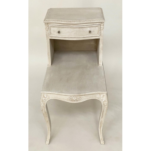 131 - BEDSIDE/LAMP TABLES, a pair, French Louis XV style grey painted each with drawer, stepped platform a... 