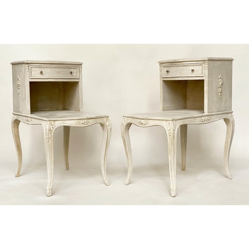 131 - BEDSIDE/LAMP TABLES, a pair, French Louis XV style grey painted each with drawer, stepped platform a... 