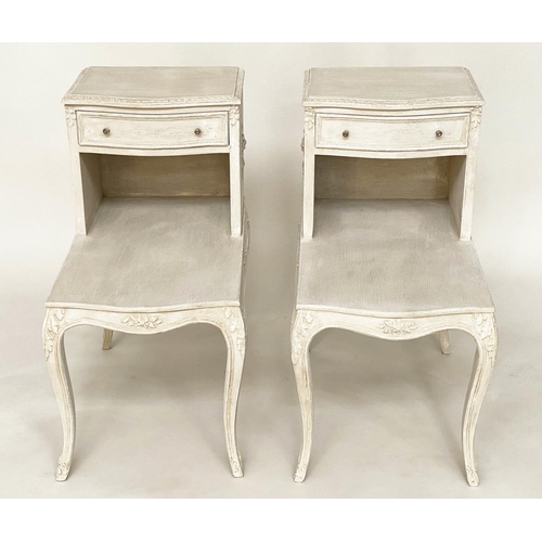 131 - BEDSIDE/LAMP TABLES, a pair, French Louis XV style grey painted each with drawer, stepped platform a... 