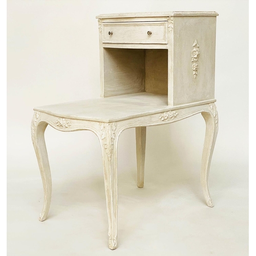 131 - BEDSIDE/LAMP TABLES, a pair, French Louis XV style grey painted each with drawer, stepped platform a... 