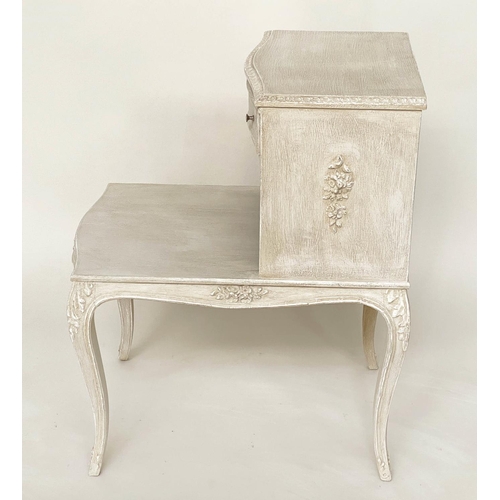 131 - BEDSIDE/LAMP TABLES, a pair, French Louis XV style grey painted each with drawer, stepped platform a... 