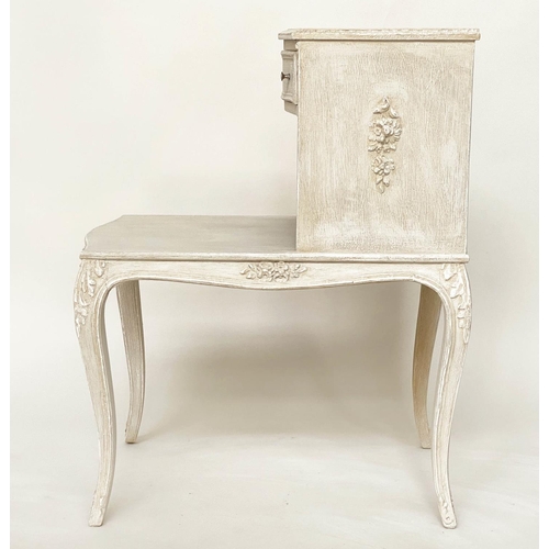 131 - BEDSIDE/LAMP TABLES, a pair, French Louis XV style grey painted each with drawer, stepped platform a... 