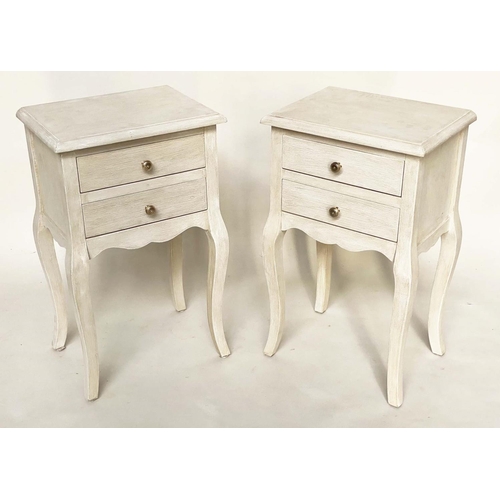 133 - BEDSIDE/LAMP TABLES, a pair, French Louis XV style traditionally grey painted each with two drawers ... 