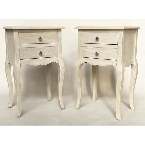 133 - BEDSIDE/LAMP TABLES, a pair, French Louis XV style traditionally grey painted each with two drawers ... 