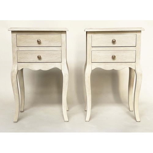 133 - BEDSIDE/LAMP TABLES, a pair, French Louis XV style traditionally grey painted each with two drawers ... 