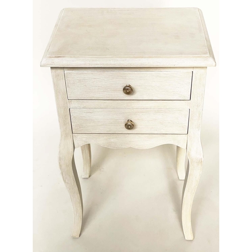 133 - BEDSIDE/LAMP TABLES, a pair, French Louis XV style traditionally grey painted each with two drawers ... 