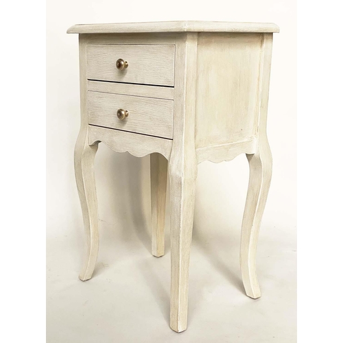 133 - BEDSIDE/LAMP TABLES, a pair, French Louis XV style traditionally grey painted each with two drawers ... 