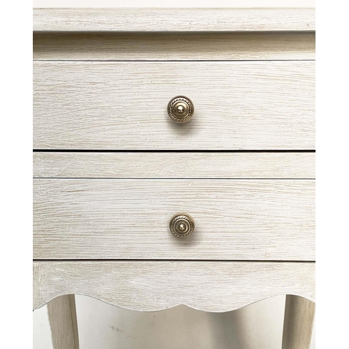 133 - BEDSIDE/LAMP TABLES, a pair, French Louis XV style traditionally grey painted each with two drawers ... 