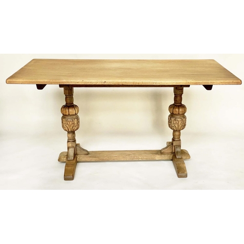 135 - REFECTORY TABLE, Jacobean style aged oak rectangular on carved cup and cover pedestals, 150cm x 76cm... 