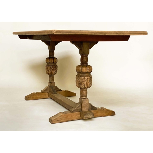 135 - REFECTORY TABLE, Jacobean style aged oak rectangular on carved cup and cover pedestals, 150cm x 76cm... 