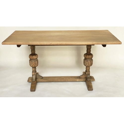 135 - REFECTORY TABLE, Jacobean style aged oak rectangular on carved cup and cover pedestals, 150cm x 76cm... 