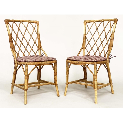 136 - CONSERVATORY/SIDE CHAIRS, a pair, bamboo, wicker and cane bound, with cushions, 46cm W. (2)