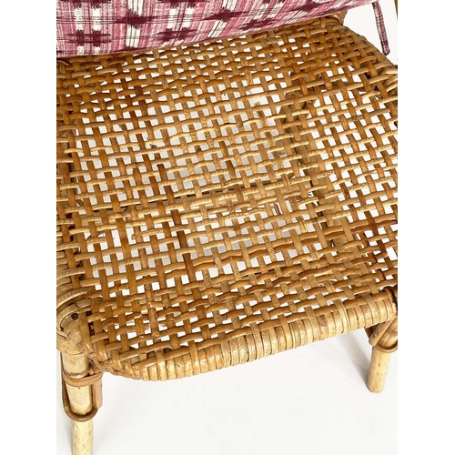 136 - CONSERVATORY/SIDE CHAIRS, a pair, bamboo, wicker and cane bound, with cushions, 46cm W. (2)