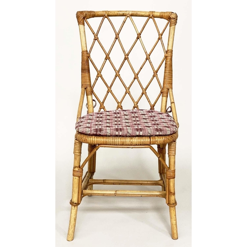 136 - CONSERVATORY/SIDE CHAIRS, a pair, bamboo, wicker and cane bound, with cushions, 46cm W. (2)