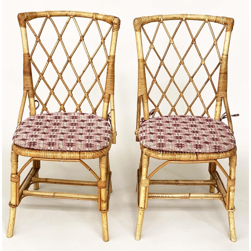 136 - CONSERVATORY/SIDE CHAIRS, a pair, bamboo, wicker and cane bound, with cushions, 46cm W. (2)