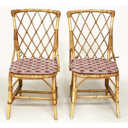 136 - CONSERVATORY/SIDE CHAIRS, a pair, bamboo, wicker and cane bound, with cushions, 46cm W. (2)