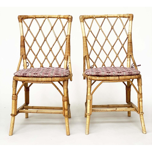 136 - CONSERVATORY/SIDE CHAIRS, a pair, bamboo, wicker and cane bound, with cushions, 46cm W. (2)