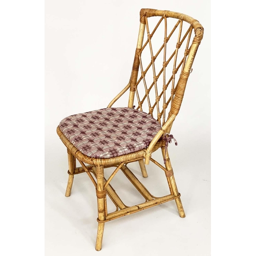 136 - CONSERVATORY/SIDE CHAIRS, a pair, bamboo, wicker and cane bound, with cushions, 46cm W. (2)