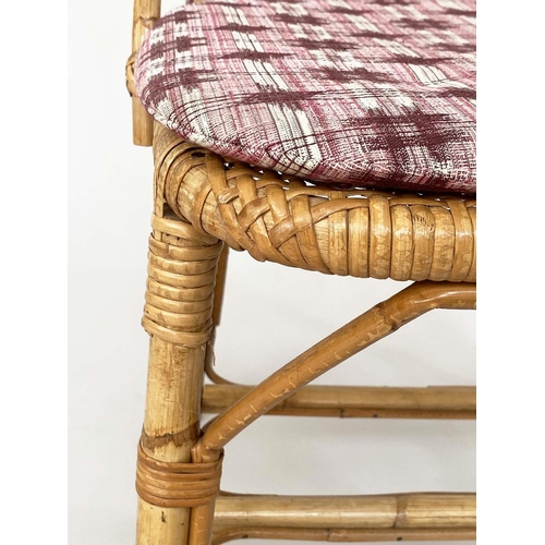 136 - CONSERVATORY/SIDE CHAIRS, a pair, bamboo, wicker and cane bound, with cushions, 46cm W. (2)