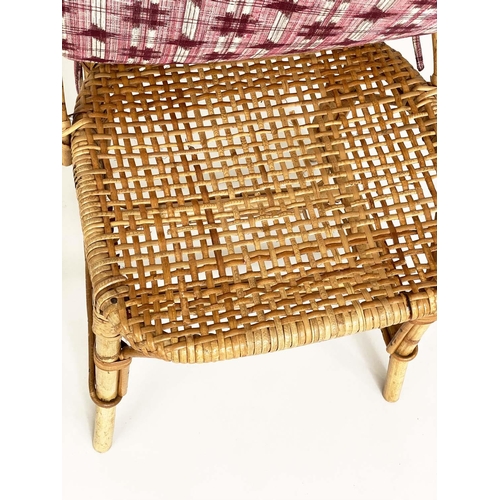 136 - CONSERVATORY/SIDE CHAIRS, a pair, bamboo, wicker and cane bound, with cushions, 46cm W. (2)