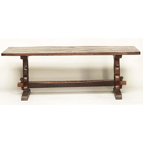 137 - DINING TABLE, antique English oak three plank cleated rectangular with shaped trestles and stretcher... 