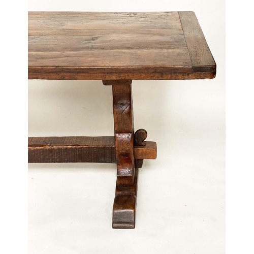 137 - DINING TABLE, antique English oak three plank cleated rectangular with shaped trestles and stretcher... 