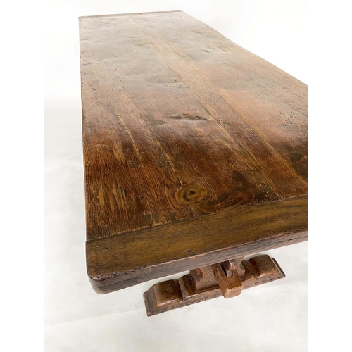 137 - DINING TABLE, antique English oak three plank cleated rectangular with shaped trestles and stretcher... 