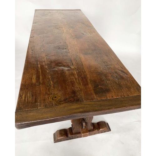 137 - DINING TABLE, antique English oak three plank cleated rectangular with shaped trestles and stretcher... 