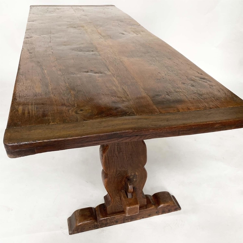 137 - DINING TABLE, antique English oak three plank cleated rectangular with shaped trestles and stretcher... 