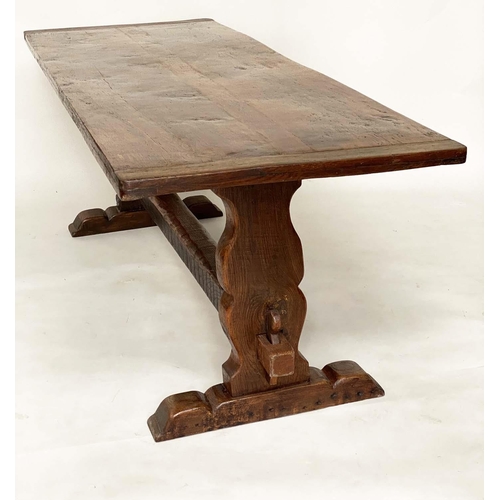 137 - DINING TABLE, antique English oak three plank cleated rectangular with shaped trestles and stretcher... 