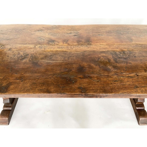 137 - DINING TABLE, antique English oak three plank cleated rectangular with shaped trestles and stretcher... 