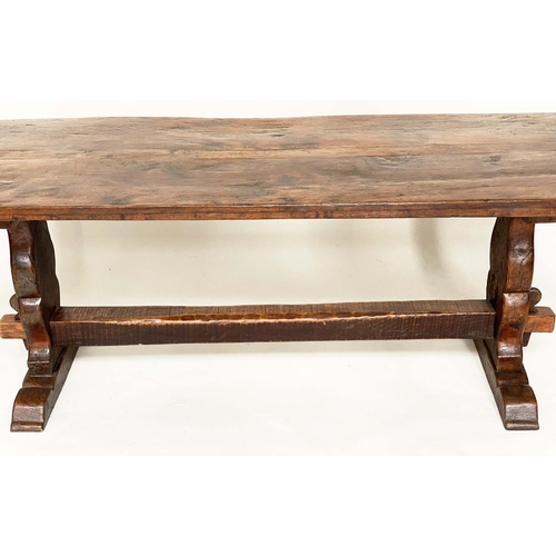 137 - DINING TABLE, antique English oak three plank cleated rectangular with shaped trestles and stretcher... 