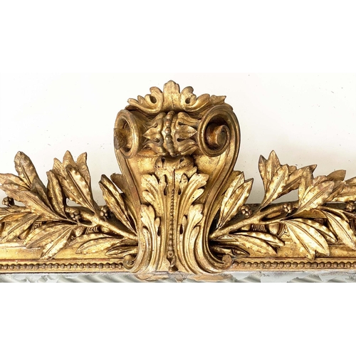 138 - OVERMANTEL MIRROR, 19th century French giltwood and gesso with scroll and foliate crest and beaded f... 