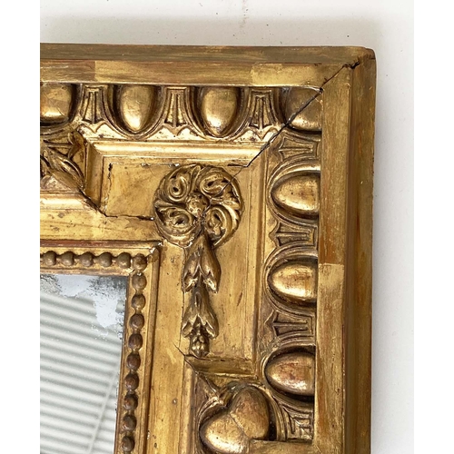 138 - OVERMANTEL MIRROR, 19th century French giltwood and gesso with scroll and foliate crest and beaded f... 